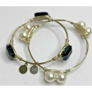 Bourbon and Boweties Bracelet Set 2 Gold Tone Wire Black Faceted Bead Faux Pearl